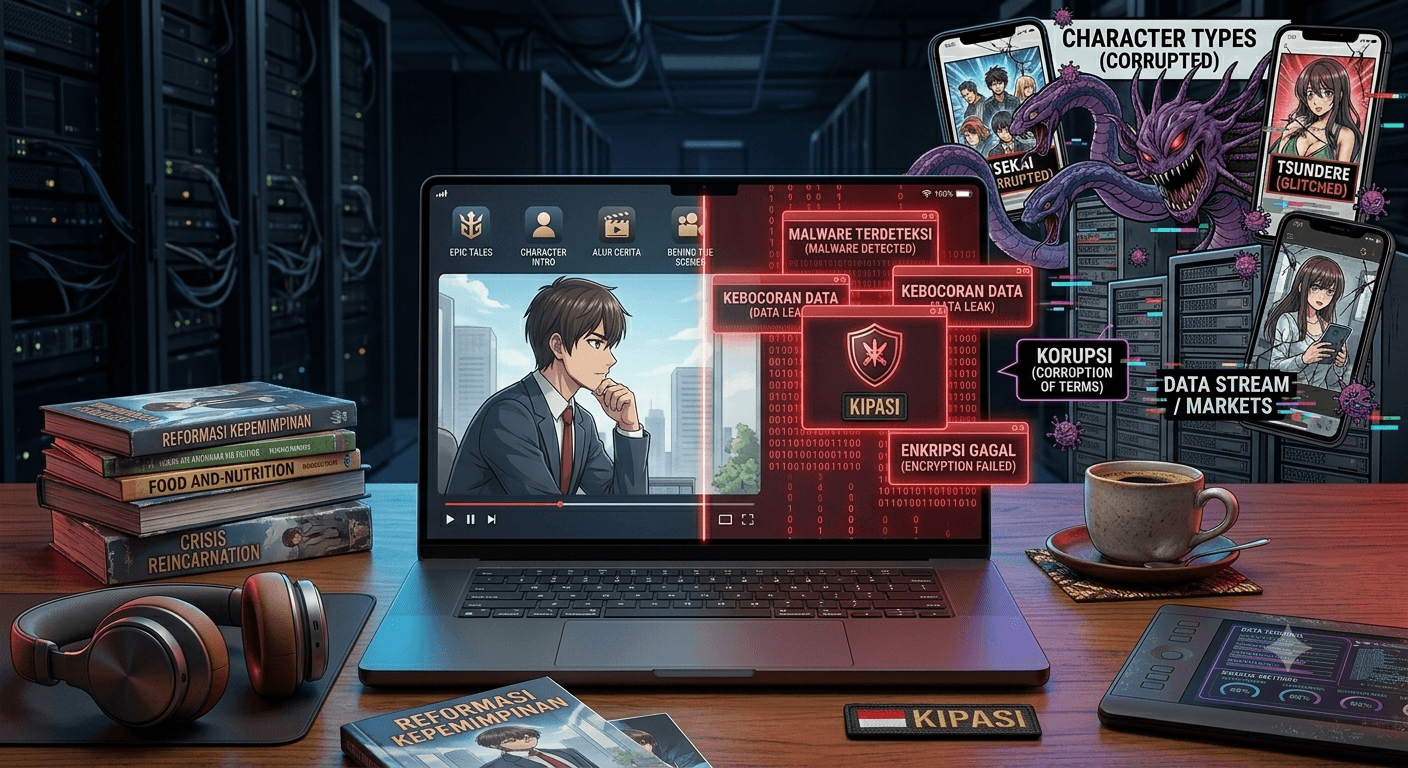 Ilustrasi sistem keamanan siber yang mendeteksi ancaman skrip malware berbahaya pada perangkat komputer akibat mengakses jaringan web streaming tidak resmi