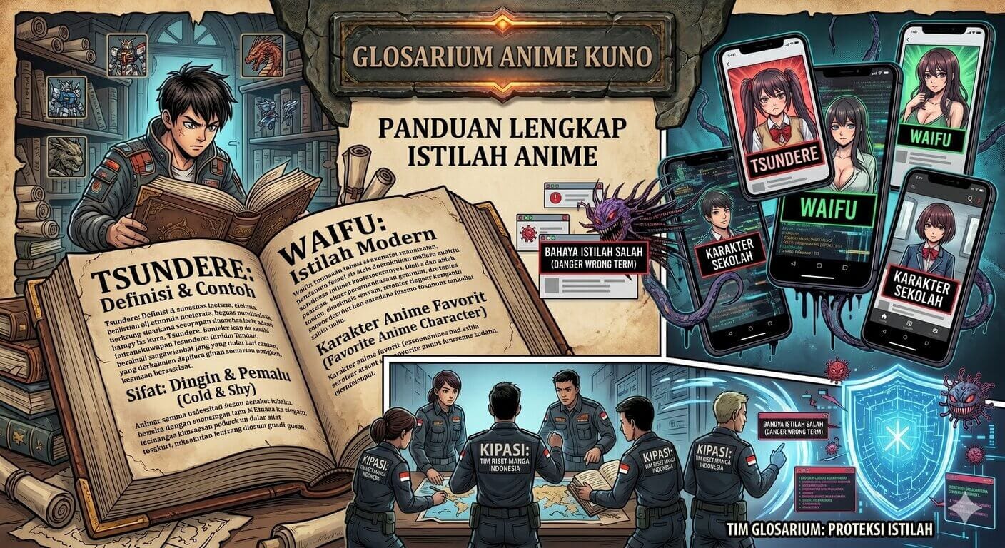 Ilustrasi buku glosarium kuno dan karakter membaca untuk panduan kamus istilah anime lengkap waifu tsundere
